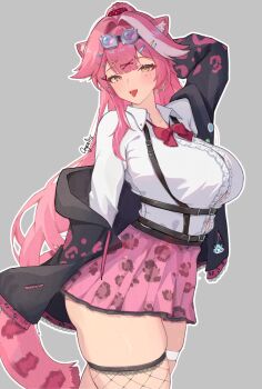 1girl alternate_costume animal_ear_fluff animal_ears animal_print arm_up ass ass_peek belt black_jacket bow bowtie breasts buttons chattino_(raora_panthera) chest_harness chyraliss crossed_belts dress_shirt drop_shadow earrings eyeshadow fishnet_thighhighs fishnets frilled_jacket frills goggles goggles_on_head grey_background gyaru hair_ornament hair_scrunchie harness highres hololive hololive_english jacket jewelry large_breasts leopard_print long_hair long_sleeves looking_at_viewer loose_bowtie makeup marking_on_cheek multicolored_hair multiple_belts open_collar open_mouth panther_ears panther_girl panther_print panther_tail pink_eyeshadow pink_hair pink_skirt ponytail profile raora_panthera red_bow red_bowtie red_ribbon ribbon scrunchie shirt signature simple_background single_fishnet_legwear skindentation skirt solo star_(symbol) star_earrings streaked_hair tail thigh_strap thighhighs tongue tongue_out triangle_hair_ornament virtual_youtuber white_hair white_shirt x_hair_ornament yellow_eyes