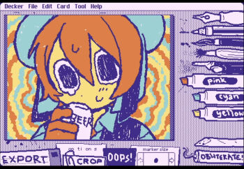 Rule 34 | 1boy, art program in frame, beer can, can, drink can, drinking, gloves, hand up, highres, holding, holding can, jacket, looking at viewer, male focus, mouse hat, neko oven, orange hair, randal's friends, short hair, solo, upper body, vest, wigglypaint (medium)