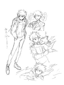 Rule 34 | absurdres, aged up, amanokawa hiro, backpack, bag, closed eyes, digimon, digimon (creature), digimon ghost game, fang, formal clothes, gammamon, happy, highres, horns, looking at another, necktie, short hair, sketch, suit, translation request, wings, ziro illust