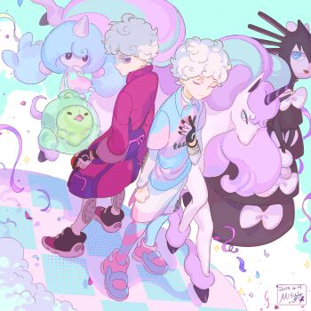 2boys artist_name asymmetrical_legwear bede_(pokemon) black_shoes blue_pantyhose c: coat curly_hair dated dual_persona duosion full_body galarian_form galarian_rapidash gen_5_pokemon gen_8_pokemon gloves gothitelle hand_on_own_chest hattrem layered_sleeves long_sleeves looking_at_viewer male_focus mismatched_legwear mitus multiple_boys nintendo pantyhose partially_fingerless_gloves partially_shaded_face pink_coat pink_shoes pokemon pokemon_(creature) pokemon_swsh purple_eyes shirt shoes short_over_long_sleeves short_sleeves shorts single_glove smile sneakers striped_clothes striped_pantyhose striped_shirt white_hair white_shorts