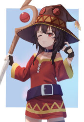 Rule 34 | 1girl, absurdres, black gloves, brown hair, button eyes, buttons, collar, dress, fingerless gloves, gloves, hat, highres, holding, holding staff, kono subarashii sekai ni shukufuku wo!, mage staff, megumin, nanado27 7, off-shoulder dress, off shoulder, one eye closed, red dress, red eyes, short hair with long locks, single thighhigh, solo, staff, thighhighs, witch hat