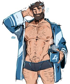 1boy absurdres bara bathrobe beard boxer_briefs brown_eyes chest_hair coffee coffee_mug connected_beard cup facial_hair fantastic_four full_beard graysheartart highres leg_hair male_focus male_underwear marvel marvel_rivals mature_male mug nipples reed_richards scratching_head simple_background underwear v-taper