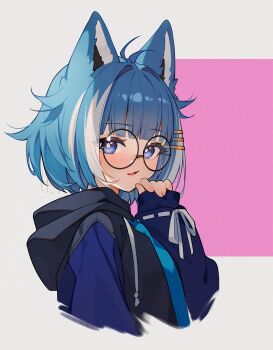 1girl animal_ears antenna_hair black-framed_eyewear black_jacket blue_eyes blue_sleeves bright_pupils cat_ears commentary commission cropped_torso english_commentary eyelashes glasses grey_background hair_ornament hairclip hand_on_own_cheek hand_on_own_face highres hood hood_down hooded_jacket hyanna-natsu jacket light_blush long_sleeves looking_at_viewer multicolored_hair open_mouth original ribbon ribbon-trimmed_sleeves ribbon_trim round_eyewear short_hair sleeve_ribbon sleeves_past_wrists smile solo square streaked_hair white_hair white_pupils white_ribbon