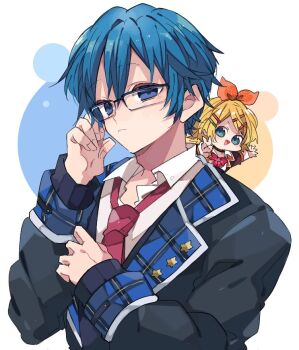 Rule 34 | 1boy, 1girl, :d, black jacket, blonde hair, blue eyes, blue hair, chibi, closed mouth, collared shirt, commentary request, double-parted bangs, glasses, hair between eyes, hair ornament, hair ribbon, hairclip, hand up, jacket, kagamine rin, kaho 0102, kaito (vocaloid), long sleeves, looking at viewer, mini person, minigirl, necktie, open mouth, orange ribbon, parallel hairclips, parted bangs, red necktie, ribbon, shirt, short hair, smile, vocaloid, white shirt