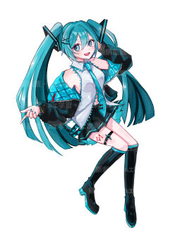 1girl absurdres aqua_eyes aqua_hair aqua_nails aqua_necktie aqua_trim black_jacket black_skirt blush breasts collared_shirt commentary_request grey_shirt hair_between_eyes hair_ornament hatsune_miku highres jacket leg_tattoo long_hair long_sleeves looking_at_viewer medium_breasts miniskirt navel necktie nekokan_(awao_o) number_tattoo open_mouth pleated_skirt shirt simple_background skirt sleeveless sleeveless_shirt smile solo tattoo thigh_strap twintails very_long_hair vocaloid white_background wide_sleeves