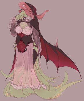 Rule 34 | 1girl, bat wings, black cloak, black dress, cloak, cthulhu mythos, dress, highres, hood, hooded cloak, ln'eta, long hair, pink hair, see-through clothes, see-through dress, see-through sleeves, smiuffzo, solo, sucker for love, tentacle mouth, tentacles, tentacles under clothes, wings