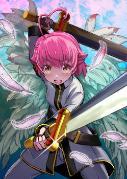 aino_heart arcana_heart blood company_connection cosplay daemon_bride feathers highres sumeragi_kuon sumeragi_kuon_(cosplay) sword team_arcana weapon