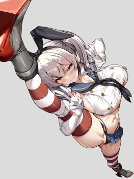 1girl absurdres animal_ears black_panties blue_eyes blue_sailor_collar blue_skirt blush boots closed_mouth commentary_request cosplay elbow_gloves flexible foreshortening gloves grey_background grey_hair hair_between_eyes high_heel_boots high_heels highleg highleg_panties highres kantai_collection kashima_(kancolle) looking_at_viewer navel panties rabbit_ears sailor_collar shimakaze_(kancolle) shimakaze_(kancolle)_(cosplay) shirt sidelocks simple_background skirt smile split standing standing_on_one_leg standing_split stepping_on_frame striped_clothes striped_thighhighs thighhighs torisan underwear v white_gloves white_shirt