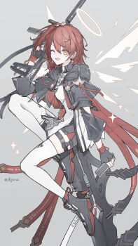 1girl absurdres ajirui arknights artist_name black_gloves black_jacket black_shoes breasts chinese_commentary commentary_request detached_wings dress exusiai_(arknights) exusiai_the_new_covenant_(arknights) fingerless_gloves full_body gloves grey_background gun halo hand_up highres holding holding_weapon jacket kriss_vector looking_at_viewer medium_hair one_eye_closed one_side_up open_clothes open_jacket open_mouth red_hair shoes simple_background sitting smile solo submachine_gun thighhighs traditional_halo weapon white_dress white_halo white_thighhighs wings yellow_eyes