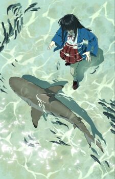 1girl black_hair blue_jacket brown_shoes commentary english_commentary fish francisco_mon from_above glasses highres jacket long_hair looking_down neck_ribbon original red_skirt ribbon ripples shark shirt shoes skirt socks solo umi_(francisco_mon) wading walking white_shirt white_socks