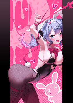 1girl absurdres animal_ears armpits ass bboooyong black_leotard black_pantyhose blue_eyes blue_hair blush bow bowtie breasts fake_animal_ears fake_tail fang fishnet_pantyhose fishnets gradient_hair hair_ornament hairband hatsune_miku heart heart-shaped_pupils heart_hair_ornament highres leotard long_hair medium_breasts multicolored_hair nail_polish pantyhose pink_bow pink_bowtie pink_hair pink_nails playboy_bunny rabbit_ears rabbit_hole_(vocaloid) rabbit_tail skin_fang solo symbol-shaped_pupils tail teardrop_facial_mark tongue tongue_out twintails vocaloid white_hairband x_hair_ornament