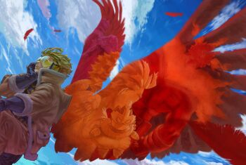 2boys aged_down belt black_gloves blonde_hair boku_no_hero_academia bomber_jacket brown_jacket character_doll cloud commentary_request doll endeavor_(boku_no_hero_academia) facial_hair feathered_wings flashback fur_trim gloves hawks_(boku_no_hero_academia) head_rest headphones highres jacket long_sleeves male_focus multiple_boys pants red_wings sky solo_focus squatting stubble tinted_eyewear wings yellow-tinted_eyewear yomoyama_yotabanashi