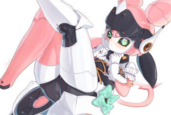 1girl absurdres aria_(zenless_zone_zero) ass black_sclera blue_eyes blush bow colored_sclera green_bow highres humanoid_robot looking_at_viewer omu_(omu2627) one_eye_closed robot robot_girl simple_background thighs white_background zenless_zone_zero