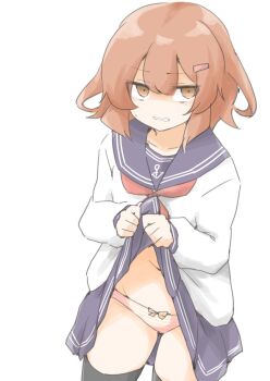 1girl akara_kai anchor_symbol angry black_thighhighs blue_sailor_collar blue_skirt blush brown_eyes brown_hair hair_ornament hairclip highres ikazuchi_(kancolle) kantai_collection lifting_own_clothes long_sleeves navel neckerchief pants pink_pants pleated_skirt sailor_collar school_uniform see-through_skirt_layer serafuku short_hair skirt thighhighs