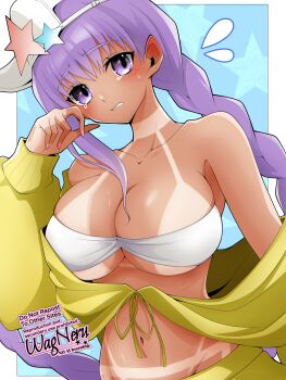 1girl absurdres asymmetrical_hair bandeau bare_shoulders baseball_cap bb_(fate) bb_(swimsuit_mooncancer)_(first_ascension)_(fate) blush braid breasts cleavage cropped_jacket fate/grand_order fate_(series) hat hat_ornament highres jacket large_breasts long_hair long_sleeves looking_at_viewer purple_eyes purple_hair single_braid skirt solo star_(symbol) star_hat_ornament tan tanline tearing_up very_long_hair wagu_neru white_hat yellow_jacket yellow_skirt
