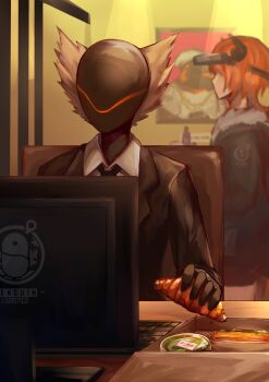 1boy 1girl absurdres arknights bird black_jacket black_necktie brown_hair collared_shirt commentary_request computer croissant croissant_(arknights) emperor_(arknights) food highres jacket mask necktie penguin sasa_kurumi shirt sitting white_shirt yith_(arknights)