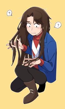 Rule 34 | 1girl, ?, animification, black eyes, black pants, blue coat, boots, brown boots, brown hair, chinese commentary, coat, commentary request, confused, curtained hair, eddsworld, genderswap, genderswap (mtf), highres, long hair, long sleeves, looking down, open clothes, open coat, outline, pants, patryck (eddsworld), piao-water, red sweater, simple background, solo, spoken question mark, squatting, sweater, turtleneck, turtleneck sweater, white outline, yellow background