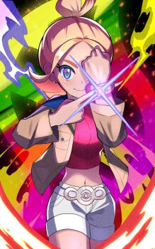 1girl blonde_hair blue_eyes breasts brown_jacket closed_mouth cropped_shirt gradient_hair hair_bun hand_over_eye highres inana_umi jacket long_sleeves looking_at_viewer medium_breasts mega_evolution_symbol mega_ring mega_stone midriff multicolored_hair navel nintendo open_clothes open_jacket pink_hair pokemon pokemon_legends:_z-a red_shirt red_sweater ribbed_shirt shirt shorts smile solo sweater taunie_(pokemon) turtleneck white_shorts