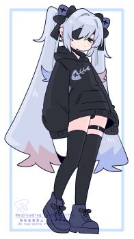 1boy black_bow black_choker black_hoodie black_thighhighs blank_eyes blue_eyes blue_hair bow bulge choker closed_mouth colored_tips commentary crossdressing crossdressing_(mtf) earclip expressionless eyepatch fish_skeleton fish_skeleton_print flipped_hair from_below full_body hair_between_eyes hair_bow hair_intakes highres hood hoodie light_blush long_hair long_sleeves looking_at_viewer male_focus multicolored_hair narrowed_eyes no_nose no_pants one_eye_covered op_na_yarou original print_hoodie purple_shoes quad_tails red_hair rigel_(op_na_yarou) shoes sidelocks simple_background sleeves_past_fingers sleeves_past_wrists solo standing straight_hair thigh_strap thighhighs thighs trap very_long_hair watermark white_background white_hair