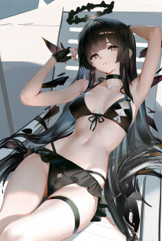 1girl absurdres arknights arm_up armpits bare_shoulders beach bikini black_bikini black_gloves black_hair black_halo black_wings blunt_bangs breasts breasts_apart cameltoe chair clothing_cutout collarbone commentary_request detached_wings diamond_cutout fingerless_gloves frilled_bikini frills front-tie_bikini_top front-tie_top gloves grey_eyes groin halo hand_up highres ligod long_hair looking_at_viewer lounge_chair lying medium_breasts mole mole_under_eye navel on_back outdoors parted_lips solo stomach swimsuit thigh_strap thighs under_umbrella very_long_hair virtuosa_(arknights) wings yellow_pupils