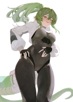 1girl 75p absurdres arknights arknights:_endfield black_bodysuit bodysuit breasts cameltoe commentary cowboy_shot cropped_jacket english_commentary fingerless_gloves fluorite_(arknights) from_below gloves green_eyes green_hair hair_between_eyes hand_on_own_hip hand_on_own_stomach highres jacket long_hair long_sleeves long_tail looking_at_viewer open_clothes open_jacket parted_lips ponytail simple_background smile snake_tail solo tail teeth upper_teeth_only white_background white_jacket