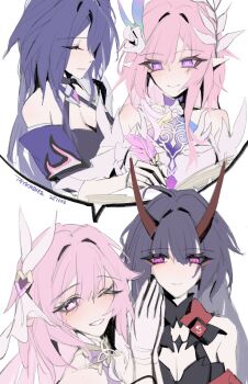 4girls absurdres acheron_(honkai:_star_rail) black_dress breasts commentary_request company_connection crop_top cyrene_(honkai:_star_rail) cyrene_(ripples_of_past_reverie)_(honkai:_star_rail) dress elf elysia_(herrscher_of_human:_ego)_(honkai_impact) elysia_(honkai_impact) hair_flowing_over hair_ornament highres honkai:_star_rail honkai_(series) honkai_impact_3rd horns inoue_marina large_breasts long_hair multiple_girls pink_hair pointy_ears purple_eyes purple_hair raiden_mei raiden_mei_(herrscher_of_thunder) red_horns sawashiro_miyuki smile taykrome very_long_hair voice_actor_connection white_dress yanning