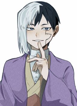 0a_9_(pixiv82791714) 1boy asagiri_gen black_hair blue_eyes dr._stone finger_to_mouth grey_eyes hand_up jacket japanese_clothes kimono long_sleeves male_focus multicolored_hair purple_jacket shirt short_hair shushing smile solo split-color_hair two-tone_hair upper_body white_background white_hair white_shirt wide_sleeves