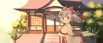 Rule 34 | 1girl, bell, blush, bow, breasts, broom, cherry blossoms, chihaya (clothing), commentary request, fins, fish girl, fish tail, grey eyes, grey hair, hair bow, hakama, hakama skirt, head fins, highres, japanese clothes, jingle bell, jinmen-gyo (kemono friends), kagura suzu, kemono friends, kemono friends 3, kimono, kosode, long hair, looking at viewer, mask, mask on head, miko, onefiresticks, open mouth, ponytail, red hakama, ribbon-trimmed sleeves, ribbon trim, shrine, skirt, solo, tail, white kimono, wide sleeves