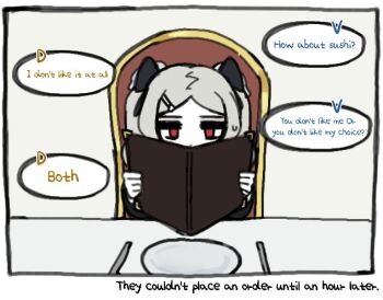 1girl 1koma alternate_costume ayaanalien02 bags_under_eyes bloody_marie_(skullgirls) chair comic dot_nose double_(skullgirls) english_text gothic_lolita grey_hair hair_ornament hair_ribbon hairclip lolita_fashion menu out_of_frame plate reading red_eyes ribbon sitting skull_hair_ornament skullgirls solo speech_bubble sweatdrop table twintails valentine_(skullgirls)