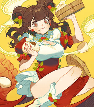 1girl :t blush breasts brown_hair cleavage closed_mouth commentary_request double_bun earrings feet_out_of_frame food food_on_face grey_eyes hair_bun hair_ornament highres holding holding_food im_honeybread jewelry large_breasts leaf_hair_ornament long_hair looking_at_viewer original red_pupils red_shoes red_skirt shirt shoes short_sleeves skirt smile socks solo steamed_bun white_shirt white_socks yellow_background