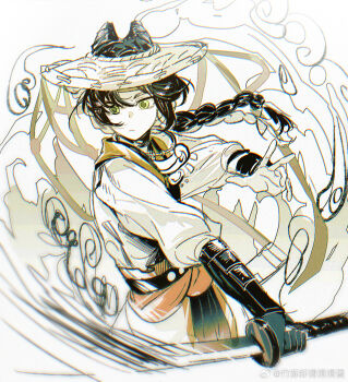 1girl black_gloves braid chinese_clothes chinese_commentary chongsheng_zuo_zhangyu_yixia_shan_ba_ge coat commentary_request cone_hair_bun double_bun gloves hair_bun hat highres holding holding_sword holding_weapon jewelry liang_yue_(reverse:1999) long_braid looking_to_the_side low_twin_braids necklace official_alternate_costume reverse:1999 rice_hat single_glove solo sword twin_braids upper_body vambraces watermark weapon weibo_watermark white_background white_coat yellow_eyes