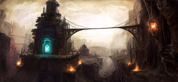 Rule 34 | bakurai, bird, bridge, building, canyon, cliff, dark, fantasy, fire, fog, glowing, lantern, scenery, sky, stairs, temple