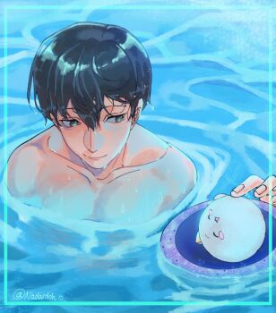 Rule 34 | 1boy, biyoo (omniscient reader's viewpoint), black eyes, black hair, caustics, closed mouth, collarbone, commentary, hair between eyes, hand up, highres, kim dokja, looking at animal, male focus, nadardoh, omniscient reader's viewpoint, partially submerged, pectorals, short hair, smile, symbol-only commentary, topless male, water, wet