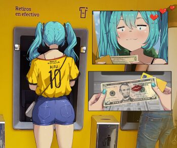 1boy 1girl :3 aqua_eyes aqua_hair aqua_nails ass banknote blue_shorts denim denim_shorts hatsune_miku heart jersey jk_arts long_hair money photo_background shirt short_shorts shorts twintails vocaloid yellow_shirt