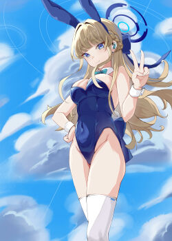 Rule 34 | 1girl, absurdres, animal ear hairband, animal ears, aqua bow, aqua bowtie, back bow, blonde hair, blue archive, blue eyes, blue halo, blue leotard, blue sky, bow, bowtie, braid, chinese commentary, cloud, commentary, covered navel, detached collar, fake animal ears, feet out of frame, hair ribbon, hairband, half up braid, halo, hand on own hip, highleg, highleg leotard, highres, leotard, lingding, long hair, multicolored hair, official alternate costume, playboy bunny, rabbit ears, rabbit tail, ribbon, sky, smile, solo, strapless, strapless leotard, streaked hair, tail, thighhighs, toki (blue archive), toki (bunny) (blue archive), v, white thighhighs, wrist cuffs