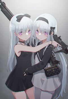 2girls absurdres bag bow breasts choker dress expressionless flat_chest gun hair_bow hairband handbag highres holding holding_gun holding_weapon hug long_hair looking_at_viewer multiple_girls oota_youjo original pantyhose pink_eyes rifle siblings sisters small_breasts submachine_gun twins weapon weapon_request white_hair