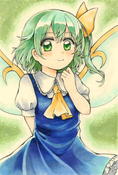 Rule 34 | 1girl, absurdres, arm behind back, ascot, bad id, bad pixiv id, blue dress, blush, bow, closed mouth, collared shirt, commentary request, daiyousei, dress, fairy wings, frilled shirt collar, frills, green hair, hair bow, highres, long hair, looking at viewer, maa (forsythia1729), pinafore dress, puffy short sleeves, puffy sleeves, shirt, short sleeves, sleeveless, sleeveless dress, smile, solo, touhou, traditional media, wings, yellow ascot, yellow bow