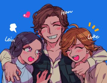 1girl 2boys blonde_hair brother_and_sister closed_eyes han_solo luke_skywalker multiple_boys princess_leia siblings smile star_wars star_wars:_a_new_hope