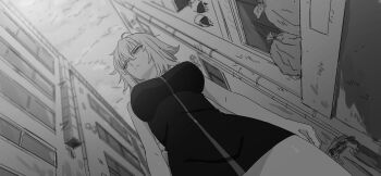 1girl arms_at_sides black_dress breasts building covered_underboob dress echidna430 fate/grand_order fate_(series) from_below frown full-length_zipper greyscale highres jeanne_d'arc_alter_(avenger)_(fate) jeanne_d'arc_alter_(fate) jeanne_d'arc_alter_(ver._shinjuku_1999)_(fate) large_breasts monochrome official_art short_dress short_hair sideways_glance solo sweat trash_bag trash_can walking zipper zipper_dress