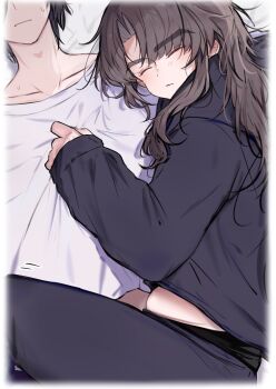 2boys absurdres arrow_(symbol) ayase_ayato_(imamiya_pinoko) bad_source black_hair black_hoodie black_pants brown_hair closed_eyes closed_mouth collarbone highres hood hood_down hoodie imamiya_pinoko long_hair long_sleeves male_focus multiple_boys original pants parted_bangs short_hair sweatdrop thick_eyebrows trap yaoi