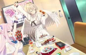 &gt;_&lt; 2girls :d arm_up black_bow black_neckerchief black_scrunchie blue_archive blue_bow blue_bowtie blurry blurry_background blush blush_stickers bow bowtie braid breasts brown_hair buttons cake cake_slice capelet character_name character_print closed_eyes closed_mouth commentary cowboy_shot crown_braid cup double-breasted double-parted_bangs dress dutch_angle english_text facing_viewer feathered_wings flower food glint hair_between_eyes hair_bun hair_flower hair_ornament halo hand_fan hand_up happy heart heart_print hifumi_(blue_archive) highres holding holding_fan holding_food holding_tambourine holy-san_(makuu) index_finger_raised indoors instrument karaoke large_breasts long_hair long_sleeves macaron microphone mika_(blue_archive) multiple_girls nagisa_(blue_archive) neckerchief open_mouth parfait peroro_(blue_archive) pink_flower pink_halo profile puffy_long_sleeves puffy_sleeves purple_flower school_uniform scrunchie sidelocks single_side_bun sleeve_bow smile split_mouth steam straight_hair sweets swiss_roll table tambourine tea teacup translated trinity_general_school_logo upper_body v-shaped_eyebrows variant_set very_long_hair white_capelet white_dress white_flower white_wings wings wrist_scrunchie