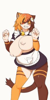 1girl animal_ear_fluff animal_ears animal_nose animated animated_gif apron bags_under_eyes blush body_fur breasts brown_fur brown_hair brown_tail cleavage clenched_hands clenched_teeth closed_eyes dancing egg_hair_ornament feet_out_of_frame food-themed_hair_ornament furry furry_female hair_between_eyes hair_ornament huge_breasts kagarimachi_konatsu knees_together_feet_apart medium_hair meme multicolored_fur nekotsuki_kohime_(kagarimachi_konatsu) open_mouth orange_hair original raised_eyebrows sad_cat_dance_(meme) simple_background solo striped_fur tail teeth thick_thighs thighs variant_set waist_apron white_background yellow_fur yellow_tail