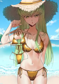 1girl absurdres artist_name bare_shoulders beach bikini blue_sky breasts budgiepon c.c. cloud code_geass collarbone female_focus green_hair hat highres holding long_hair navel ocean parted_lips sand scar shiny_skin sky small_breasts standing stomach sun_hat swimsuit water yellow_eyes