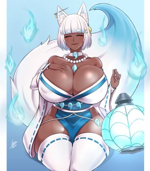 1girl absurdres airisubaka animal_ear_fluff animal_ears blue_theme bob_cut breasts choker cleavage closed_eyes commentary commission covered_erect_nipples curvy dark-skinned_female dark_skin detached_sleeves ear_piercing esunami_(bakeneko) fox_ears fox_girl fox_tail hand_on_own_chest highres hitodama huge_breasts jewelry lantern magatama magatama_necklace mature_female necklace original paper_lantern pearl_necklace piercing plump signature smile solo tail thick_thighs thighs white_hair wide_hips