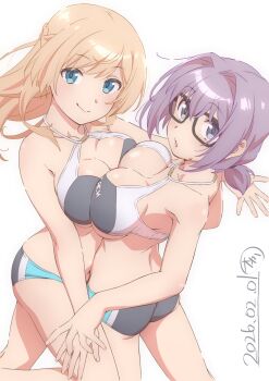2girls :o alice_gear_aegis anniversary blonde_hair blue_eyes braid breast_press breasts commentary_request dated glasses hair_tie half_up_braid highres komazoi_eden long_hair looking_at_viewer medium_breasts medium_hair merabuchi_kanami multicolored_swimsuit multiple_girls navel okano_rikiya purple_eyes purple_hair smile sweat swimsuit white_background