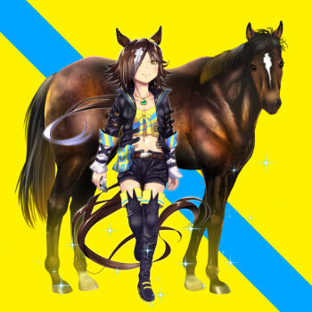 Rule 34 | 1girl, animal ears, black boots, black jacket, black shorts, blush, boots, breasts, brown hair, closed mouth, commentary request, creature and personification, crop top, flask, hair over one eye, hip flask, holding, holding flask, horse, horse ears, horse girl, horse tail, jacket, long hair, long sleeves, midriff, multicolored hair, navel, personification, ponytail, real life, shirt, shorts, small breasts, smile, stopwatch, stopwatch around neck, sugimotty nova, tail, thigh boots, thighs, umamusume, vodka (racehorse), vodka (umamusume), vodka (wild top gear) (umamusume), watch, yellow shirt