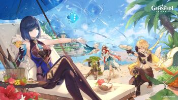 Rule 34 | 1boy, 4girls, absurdres, aether (genshin impact), aranara (genshin impact), beach chair, beach umbrella, bird, blonde hair, blue hair, blue sky, bottle, braid, breasts, capelet, cloud, collei (genshin impact), cup, day, dice, doner kebab, doner sandwich, flower, food, genshin impact, green hair, halo, highres, holding, leaf, long hair, medium breasts, multiple girls, musical note, necomi, nilou (genshin impact), official art, on one knee, one eye closed, outdoors, paimon (genshin impact), red hair, short hair, single braid, sitting, sky, standing, tropical drink, umbrella, water drop, water gun, yelan (genshin impact)