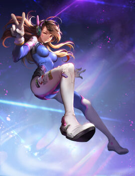 1girl ;) abstract_background animal_print artist_name bodysuit breasts brown_eyes brown_hair caesty chromatic_aberration clothes_writing d.va_(overwatch) facepaint facial_mark female_focus foreshortening full_body gloves headphones high_collar long_hair looking_at_viewer mecha_pilot_suit medium_breasts one_eye_closed overwatch overwatch_1 purple_background rabbit_print ribbed_bodysuit shoulder_pads signature skin_tight smile solo swept_bangs v watermark web_address whisker_markings white_gloves