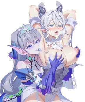 2girls armpits arms_behind_head blue_eyes blue_tongue blush breasts cleavage colored_tongue dress drill_hair duel_monster grabbing_another&#039;s_breast grey_eyes grey_hair groping highres kitkallos_(yu-gi-oh!) licking licking_armpit long_hair lovely_labrynth_of_the_silver_castle multiple_girls nipple_stimulation nipples open_mouth rare_lemon simple_background slit_pupils strapless strapless_dress tearlaments_kitkallos tongue tongue_out twin_drills white_background white_dress yu-gi-oh! yuri