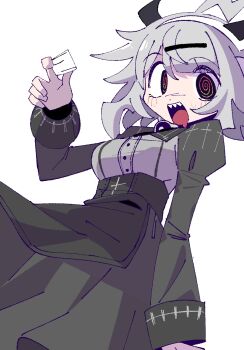 1girl @_@ ahoge black_skirt black_sleeves cosplay cross cup denpa_song drinking_glass drooling femme_soule femme_soule_(cosplay) grey_hair grey_shirt gunsung33 highres holding holding_cup horned_headphones inverted_cross juliet_sleeves long_sleeves looking_at_viewer messy_hair mouth_drool open_mouth puffy_sleeves pukey_goddess_shot_trick q-chan_(yunyun_denpa_syndrome) sharp_teeth shirt shot_glass skirt smile teeth voice_actor_connection white_background yunyun_denpa_syndrome